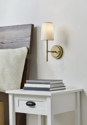 Screenshot Better Homes & Gardens 1 Light Wall Sconce, Burnished Brass,White Fabric Shade