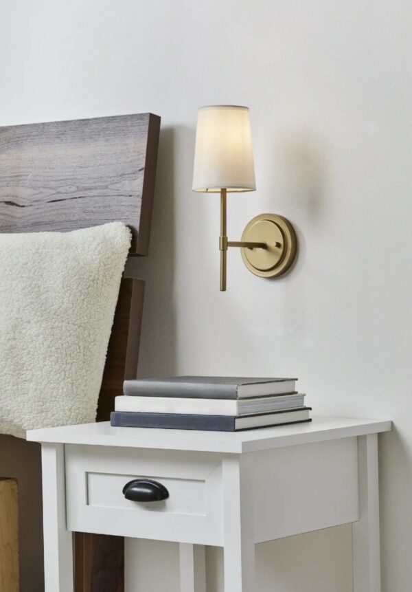 Better Homes & Gardens 1 Light Wall Sconce, Burnished Brass,White Fabric Shade