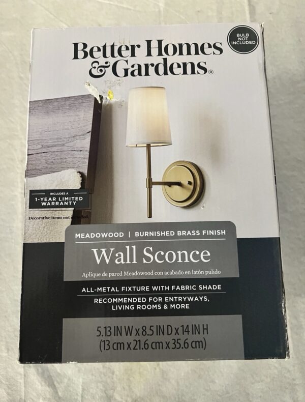 Better Homes & Gardens 1 Light Wall Sconce, Burnished Brass,White Fabric Shade