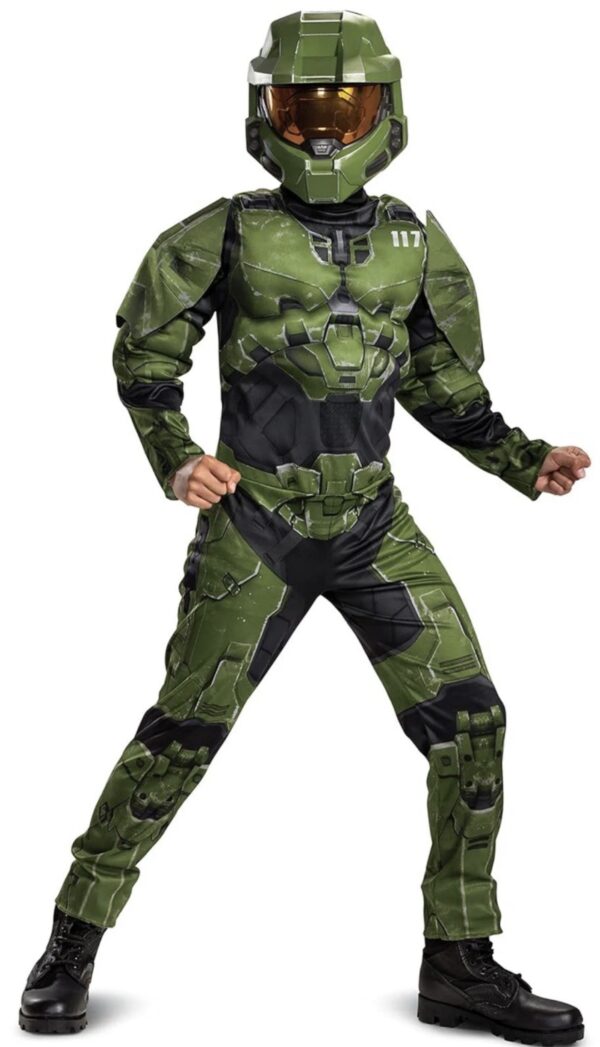 Halo Infinite Master Chief Costume, Kids Size Muscle Padded Video Game Jumpsuit