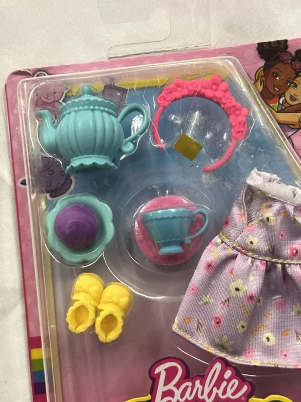 Barbie Chelsea Accessory Pack Tea Party Theme Purple Floral Dress Shoes & 5 PCS
