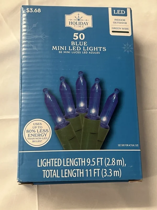 50-Count Blue LED Mini Christmas Lights with Green Wire, 11',Holiday Time