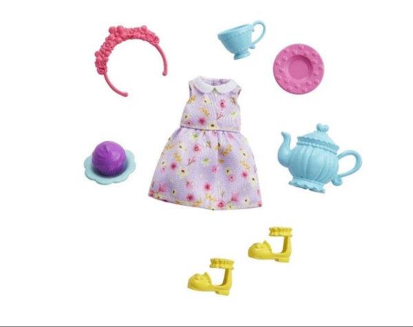 Barbie Chelsea Accessory Pack Tea Party Theme Purple Floral Dress Shoes & 5 PCS_0 Barbie Chelsea Accessory Pack Tea Party Theme Purple Floral Dress Shoes & 5 PCS
